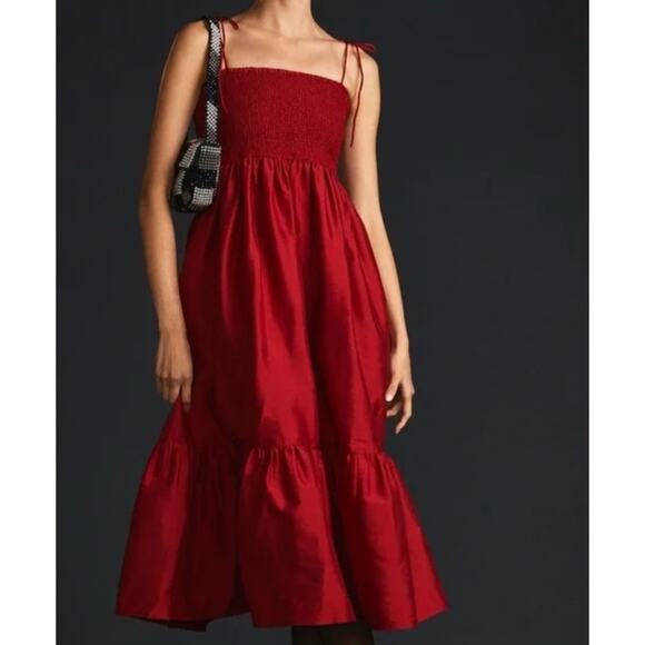 DHRUV KAPOOR Red Smocked Cerise Midi Dress Size Small - Picture 2 of 7